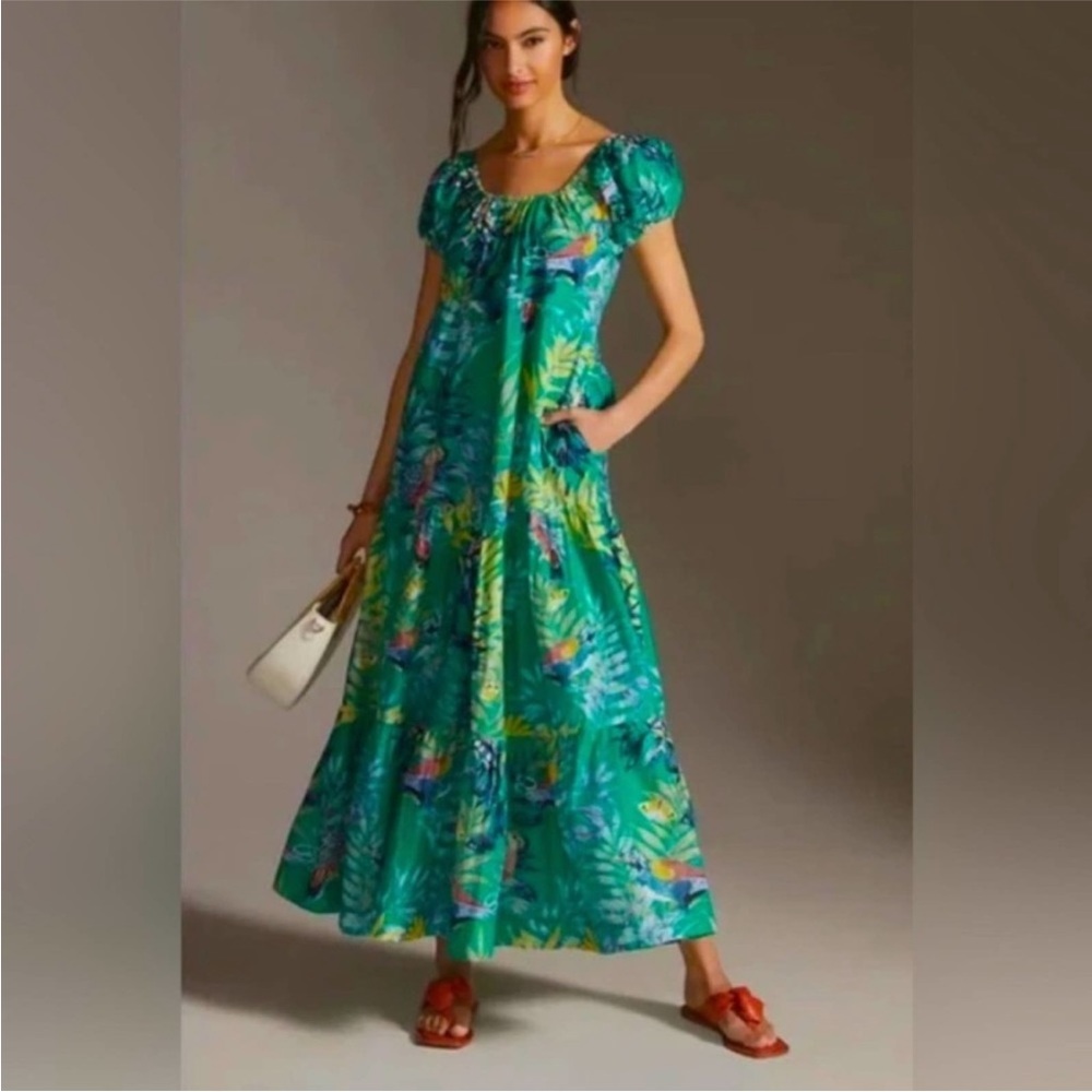 Anthropologie Maeve butterfly and parrot print tired maxi dress